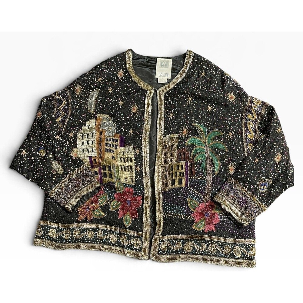 Vintage Arabian Night Black Beaded Sequin Jacket Silk Holiday Sz L